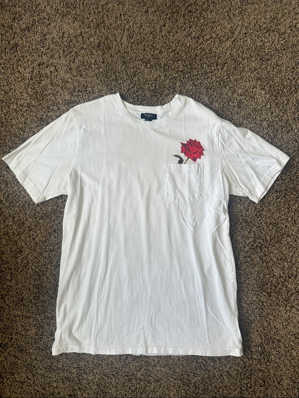Forever 21 White Short Sleeve Tee with Red Rose Pocket Graphic